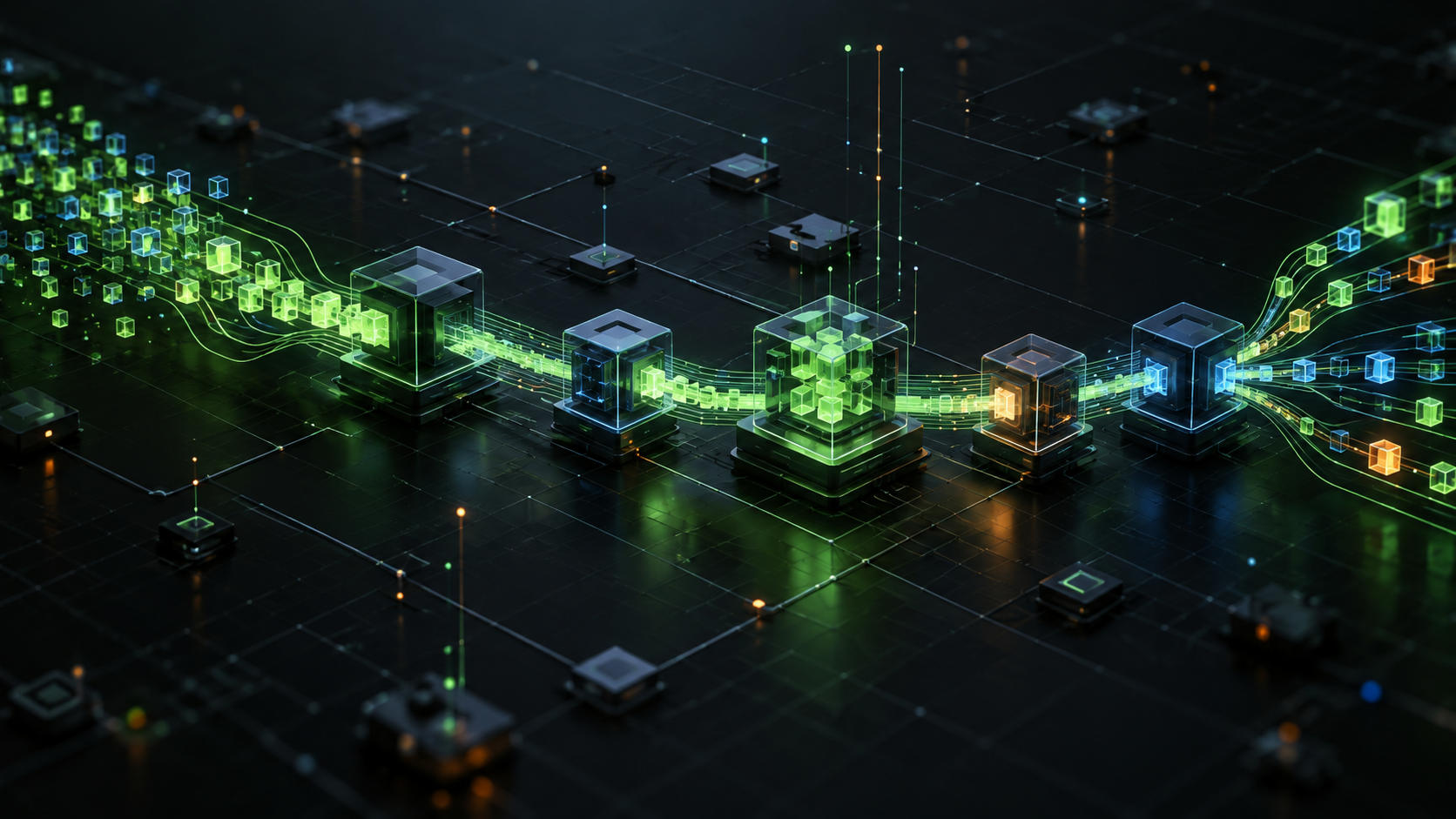 Abstract visual of connected automated workflow modules and data flow